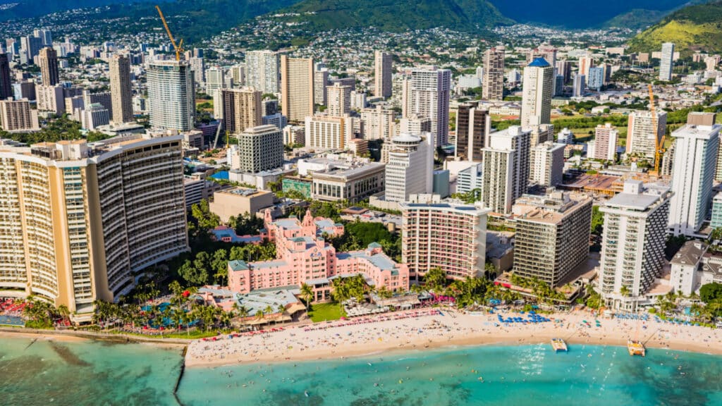 Aerial view of Waikiki Beach in Honolulu, Hawaii