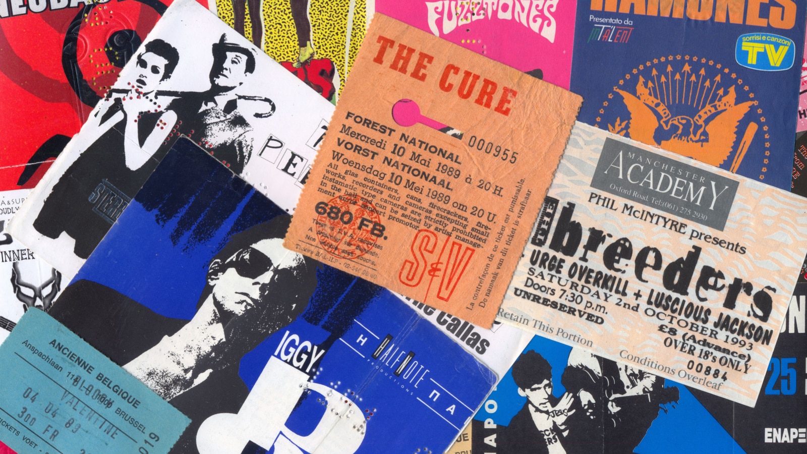 ATHENS, GREECE - DECEMBER 22, 2013: Vintage concert ticket stubs punk and alternative rock music memorabilia from the 80s and 90s.