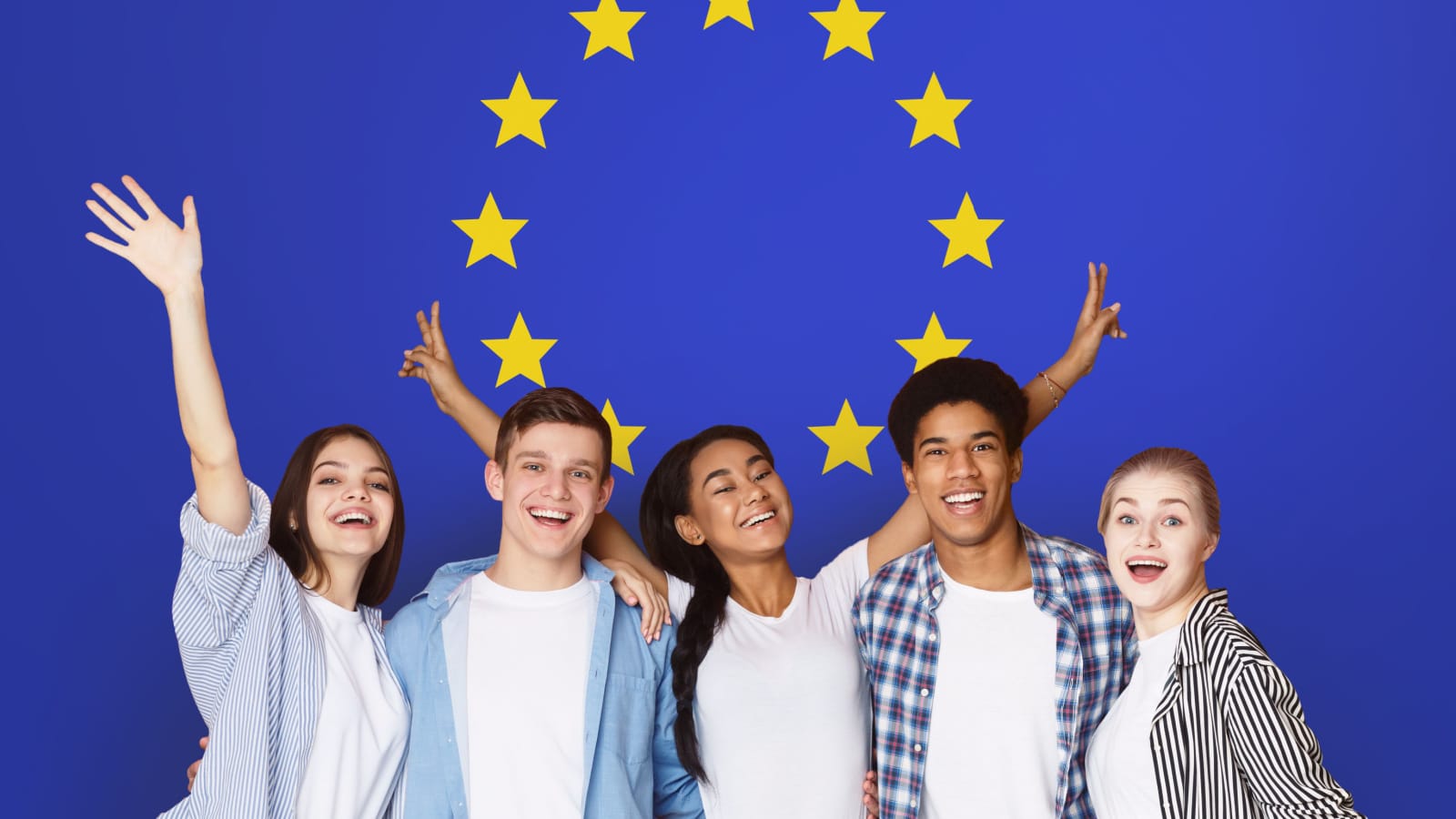 Student Exchange Programs In Eu. Happy Multiracial Teens Posing Over Europe Union Flag, Creative Collage