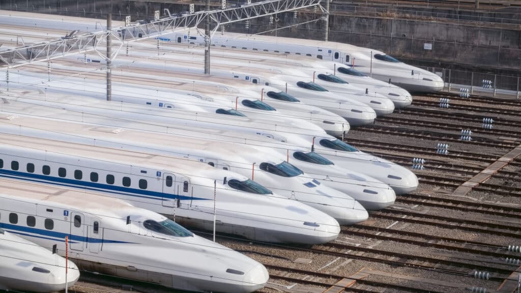 Osaka, Japan - Jan 30, 2018: Shinkansen bullet trains lined up at Torikai rail yard
