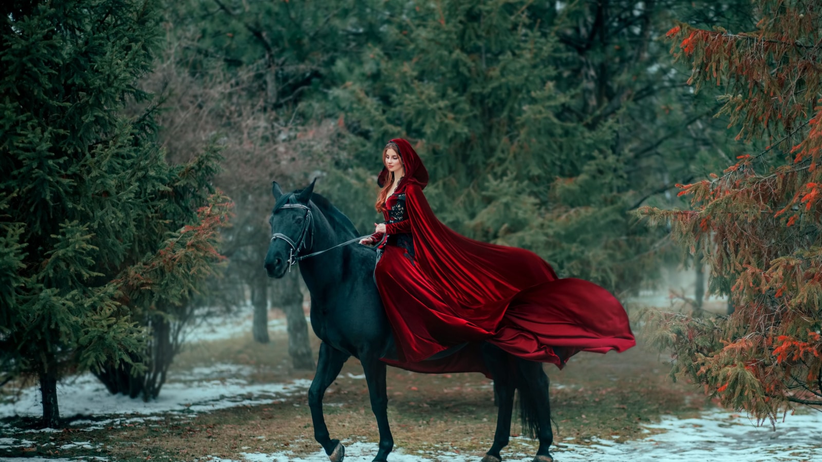 Medieval woman princess in red dress sits astride black steed horse. Girl rider in vintage cloak cape train flies in wind motion. Background green trees spruce forest, spring winter nature melted snow