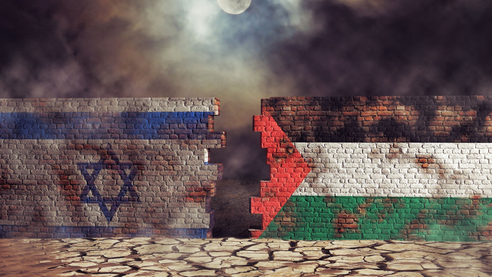 Flags of Palestine and Israel painted on cracked wall. Palestinian conflict concept. 3D illustration