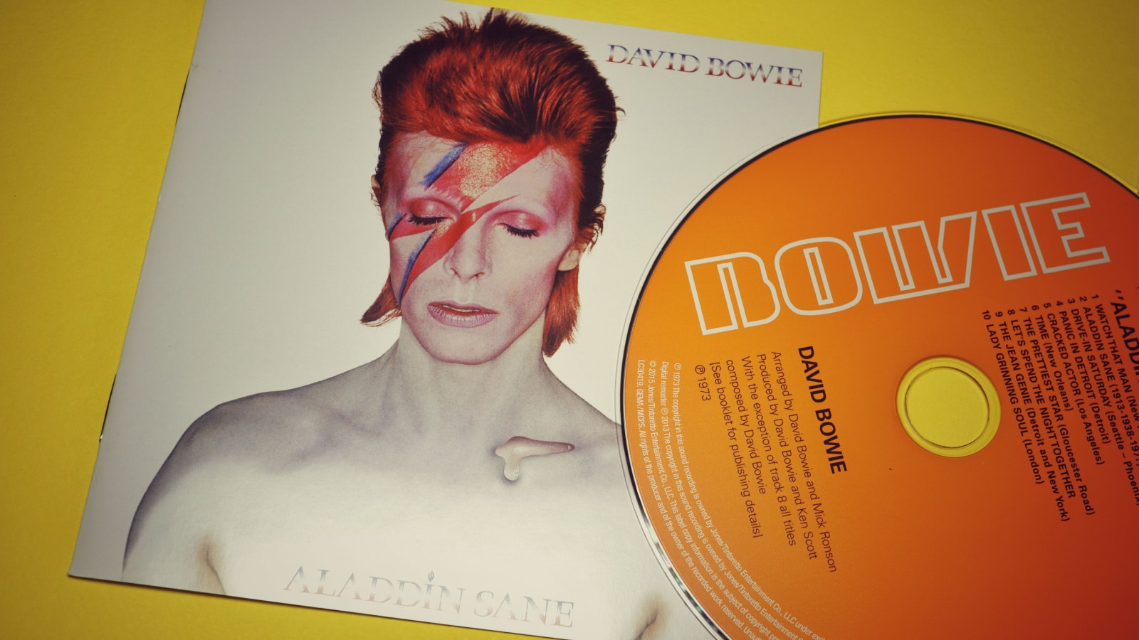 Rome, Italy - 02 October, 2021, detail of Aladdin Sane, album by British artist David Bowie, released in 1973 by RCA Records and reissued on compact disc for the first time in 1984.