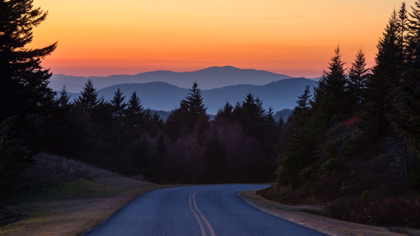 Dusk falls over the Blue Ridge Mountains along the Blue River Parkway in North Carolina