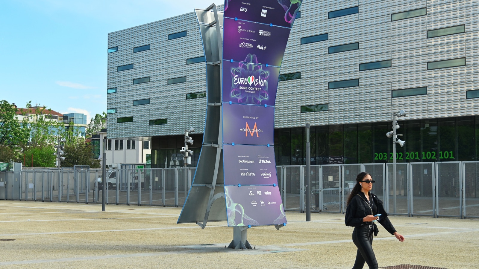Eurovision Song Contest logo displayed in front of the venue of the upcoming edition of the show Turin Italy May 4 2022
