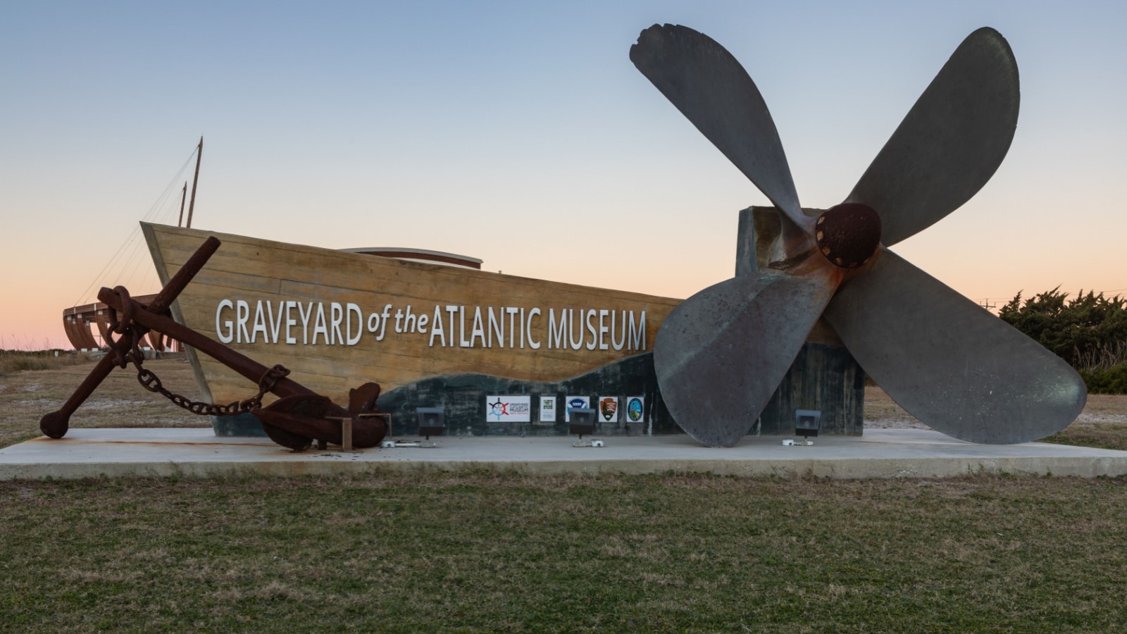HATTERAS, NC USA - JANUARY 12, 2022: Sign for the Graveyard of the Atlantic, a landmark maritime museum focusing on history and shipwrecks of the Outer Banks of North Carolina.