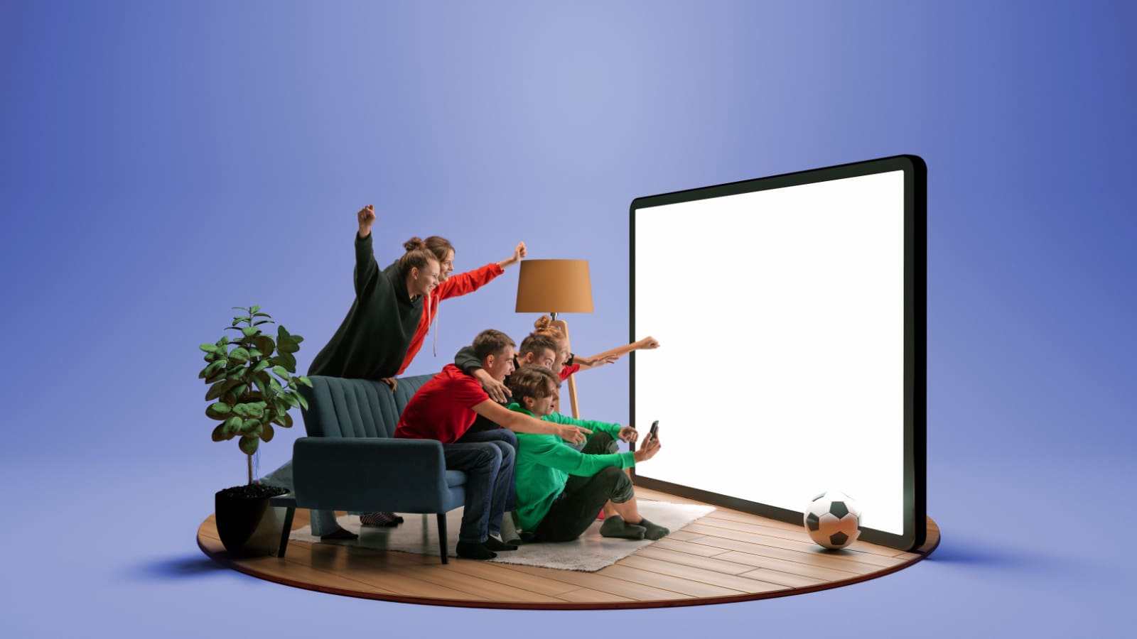 Goal. Group of young emotional friends watching football match, sport show or movie together. Excited girls and boys sitting in front of huge 3D model of device screen at home interior