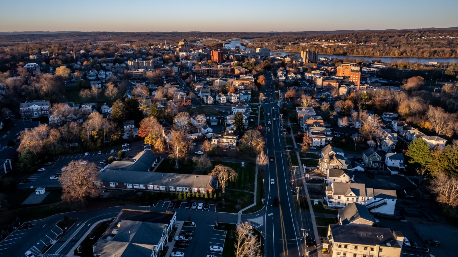 Aerial view of Middletown, Connecticut at sunset in November