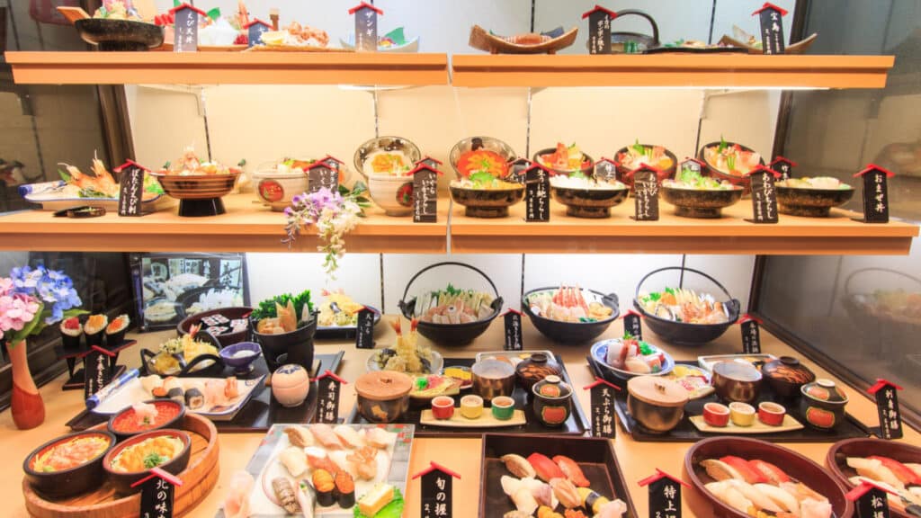 Otaru, Japan - July13, 2015: Plastic food replica of sushi in a restaurant of Otaru