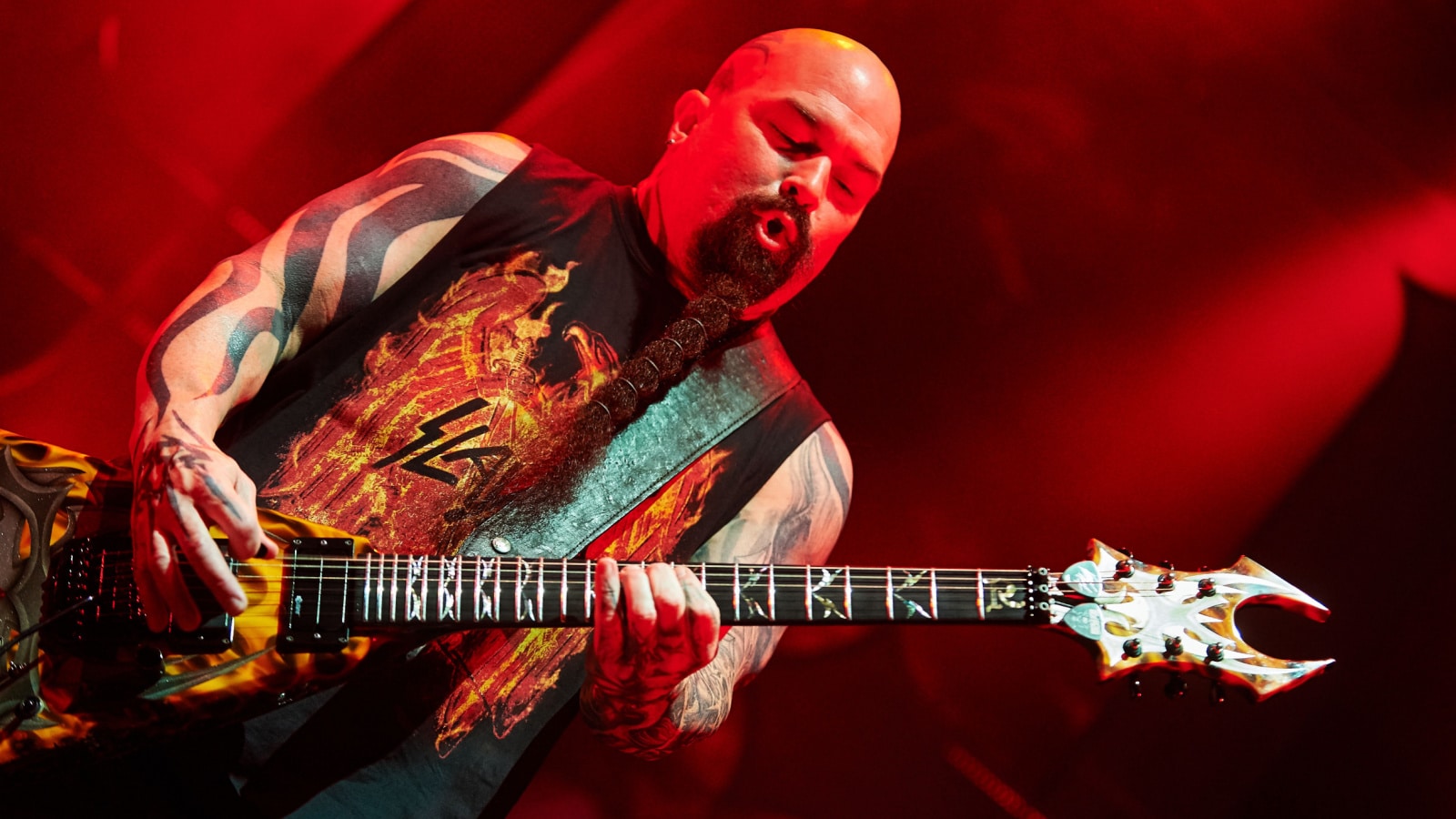 Guitarist Kerry King of Slayer performs live on stage during a Repentless concert at "Stadium-Live" on December 9, 2015 in Moscow, Russia.