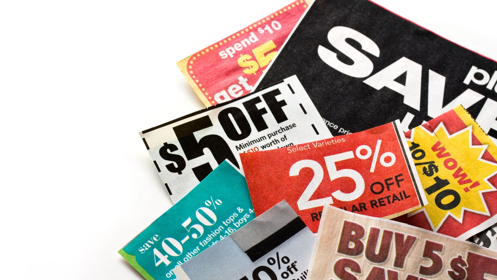 Save money. Colorful coupons on white background.