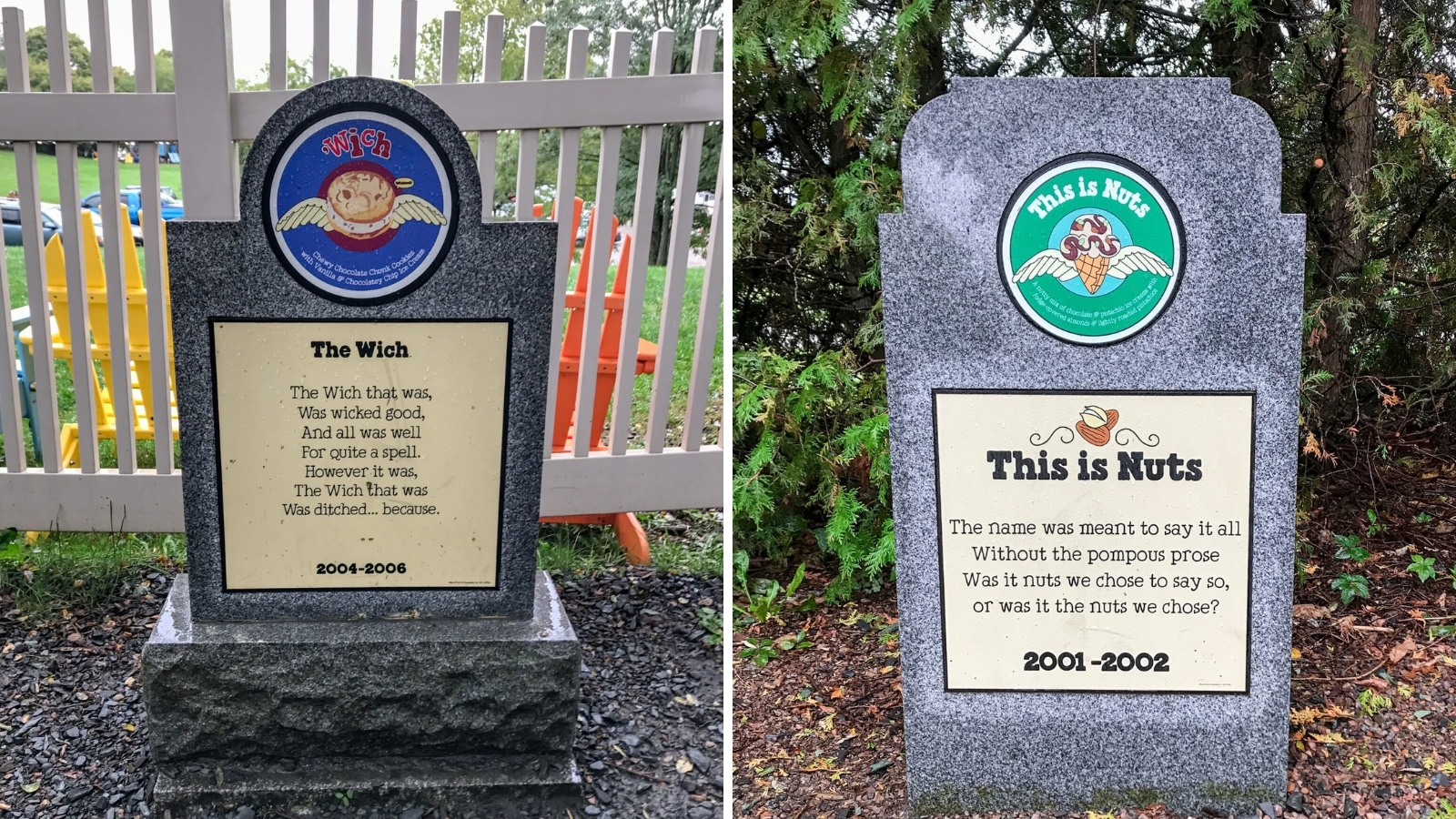 Waterbury-Stowe, Vermont, USA- September 25, 2018: This is Nuts ice cream tombstone at Ben and Jerry’s Flavor Graveyard at the factory and visitor center