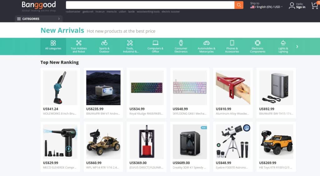 bangood home page featuring cheap electronics and toys