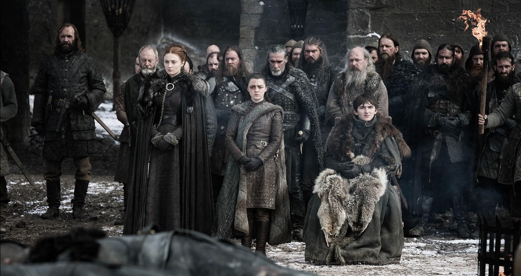 Liam Cunningham, Rory McCann, Maisie Williams, Isaac Hempstead Wright, and Sophie Turner in Game of Thrones (2011)