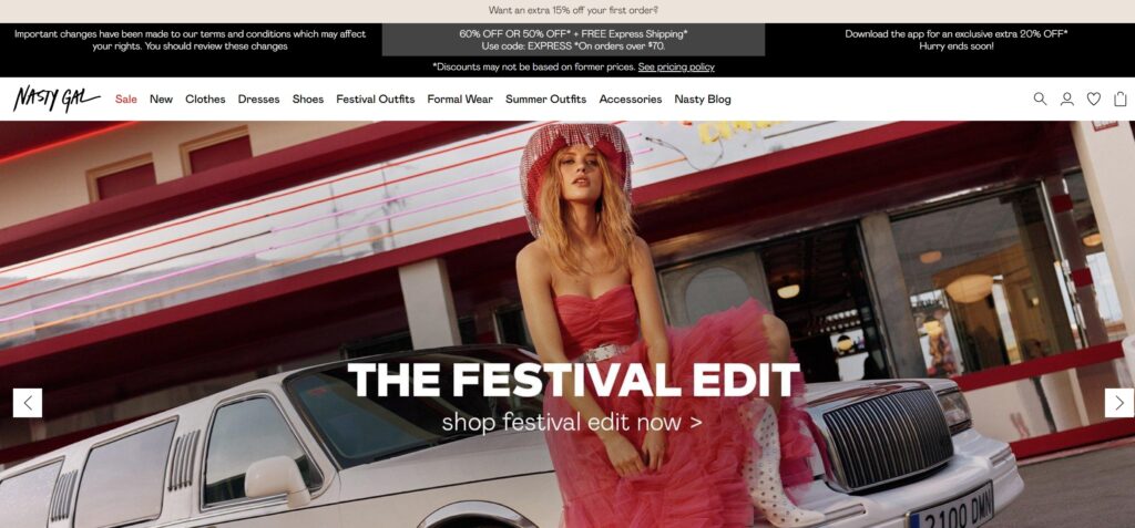 nasty gal home page featuring the festival edit