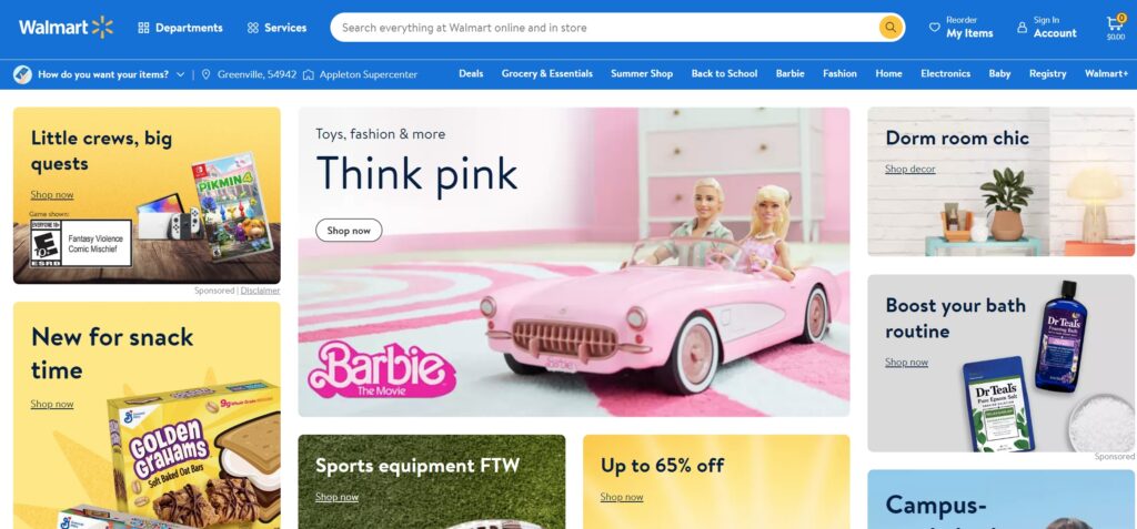 walmart home page featuring back to school deals and barbie