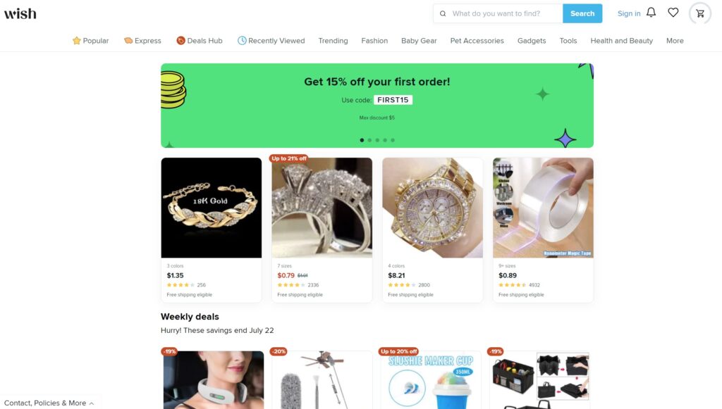The wish homepage featuring cheap jewelry and fashion