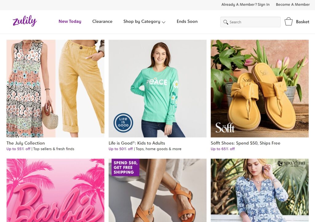 zulily home page featuring discounted clothing for the family