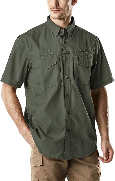 CQR Men's Short Sleeve Work Shirts, Ripstop Military Tactical Shirts, Outdoor UPF 50+ Breathable Hiking Shirt