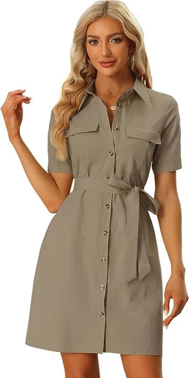 Allegra K Women's Safari Dress Collared Button Down Cotton Belted Shirtdress