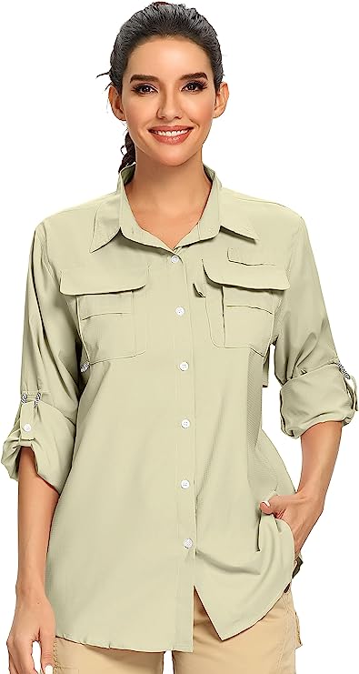 Women's UPF 50+ UV Sun Protection Safari Shirt, Long Sleeve Outdoor Cool Quick Dry Fishing Hiking Gardening Shirts