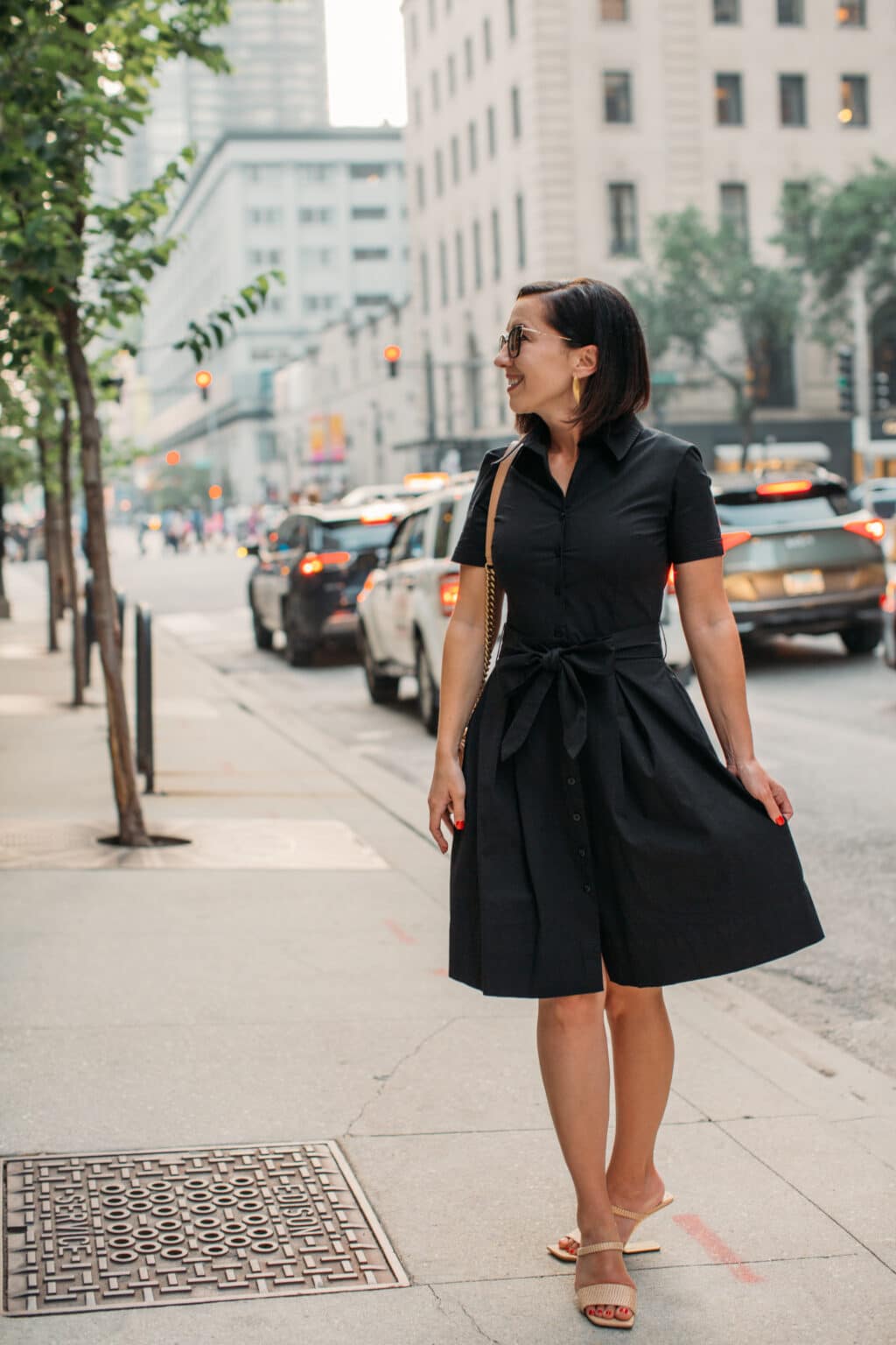 Lindsey of Have Clothes, Will Travel wearing Frances Valentine black Bella Dress standing on the street in Chicago 