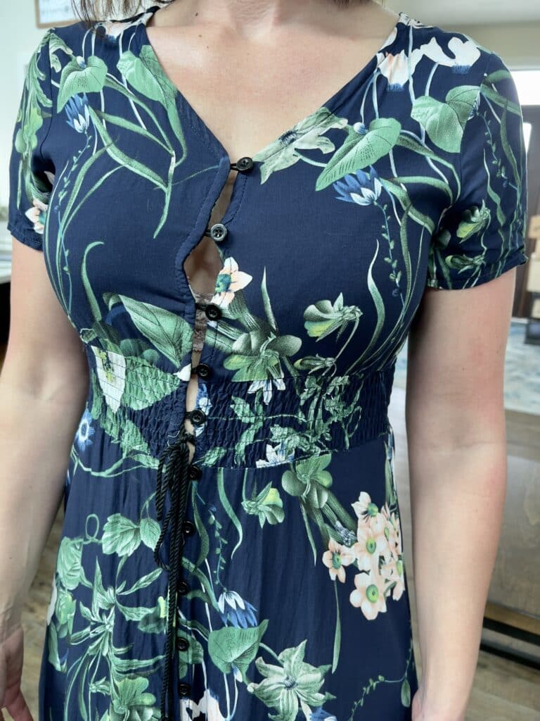 Floral maxi dress from LightintheBox showing how it is too small across the bust