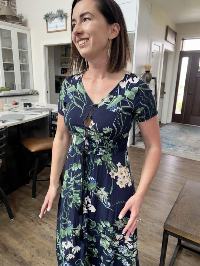 Floral maxi dress from LightintheBox showing how it is too small across the bust
