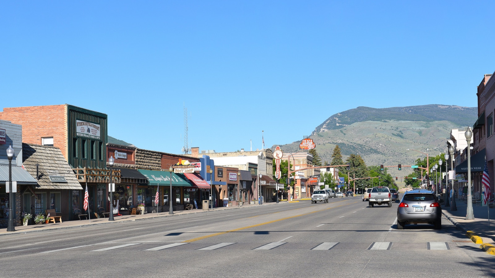 CODY, WYOMING - JUNE 24, 2017: Sheridan Avenue in Cody, Wyoming. The street is the main business and tourist route in the famous western town.