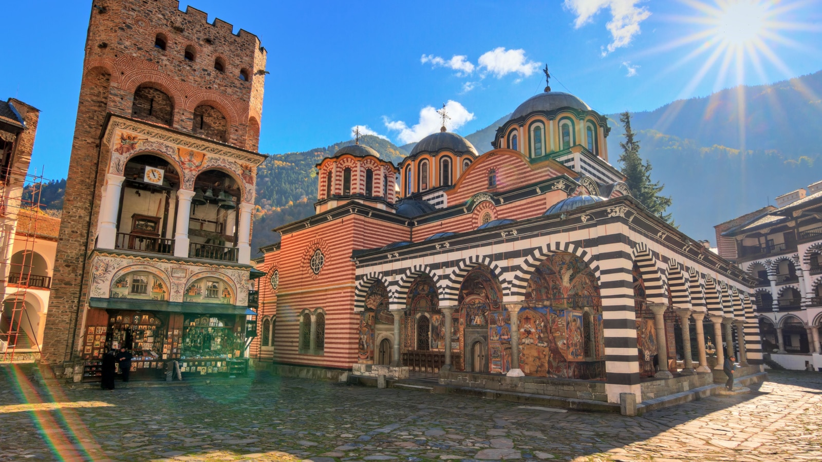 Beautiful view of the Orthodox Rila Monastery, a famous tourist attraction and cultural heritage monument in the Rila Nature Park mountains in Bulgaria