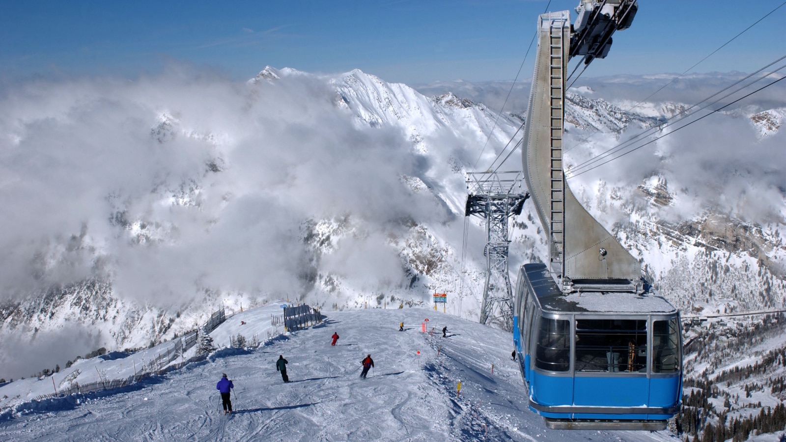 Spectacular view to the mountains and blue ski tram at Snowbird ski resort in Utah