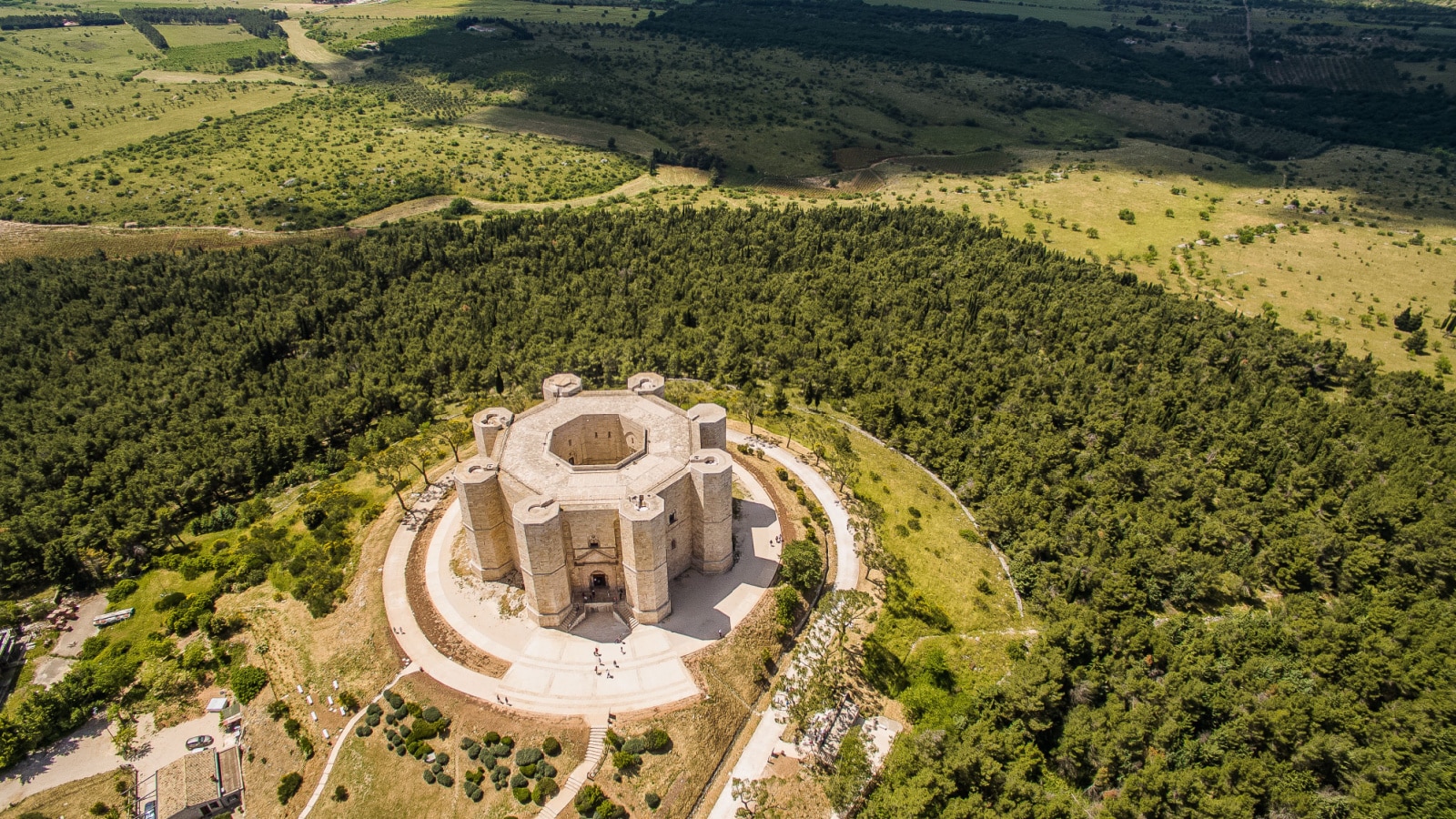 Aerial view of Castel del Monte (Castle on the Mountain). It was a Norman castle wanted by Frederick the 2nd in Puglia, Italy.