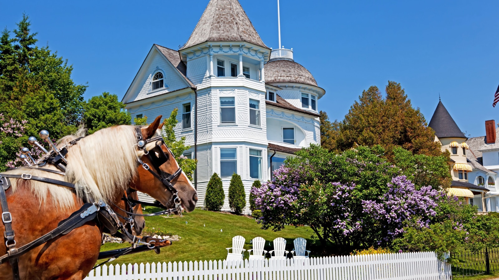 The Wedding Cake Cottage is shown on the West Bluff on Michigan's Mackinac Island. A horse stands in front and the lilacs out front are in full bloom