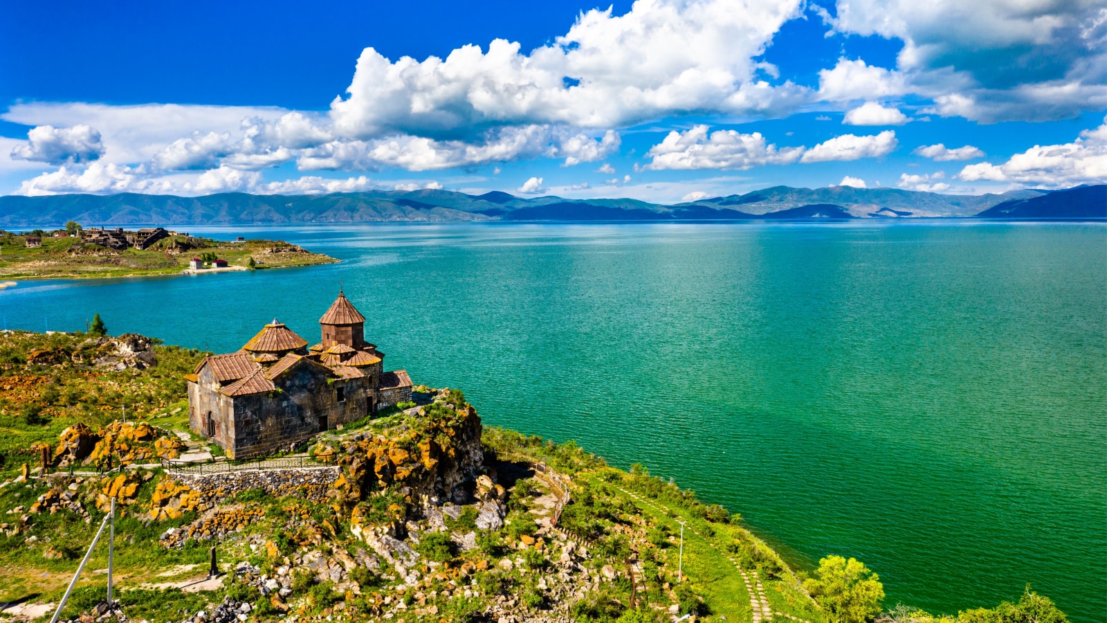 Aerial view of Hayravank monastery on the shores of lake Sevan in Armenia