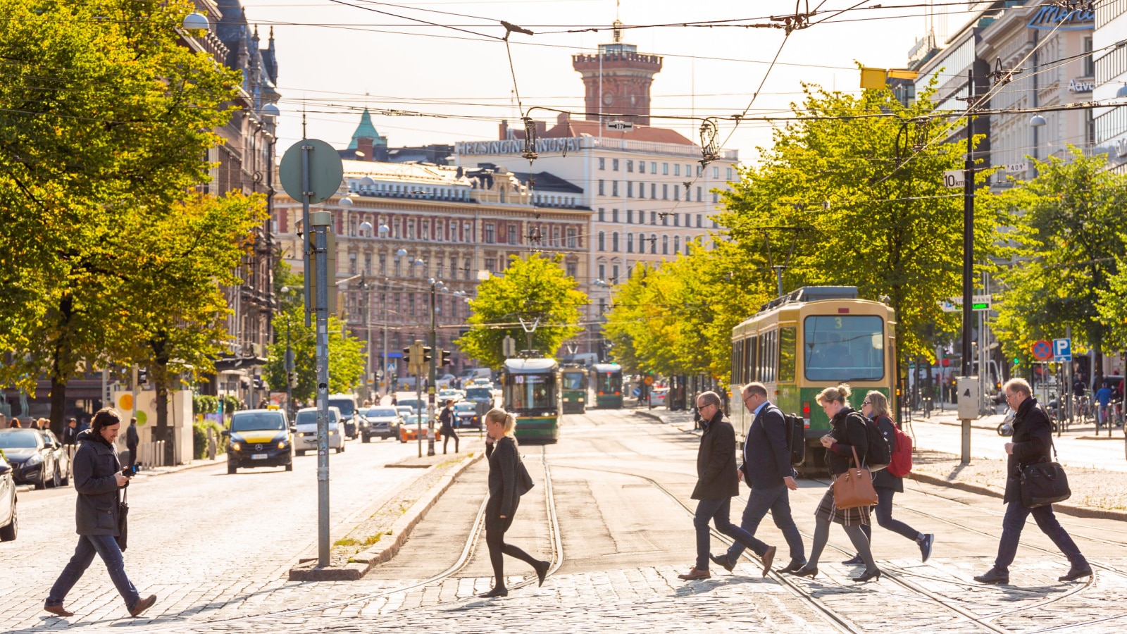 Helsinki,Finland- September 19th 2019: people and tram on street in Helsinki Old Town.Helsinki is the capital city and most populous municipality of Finland