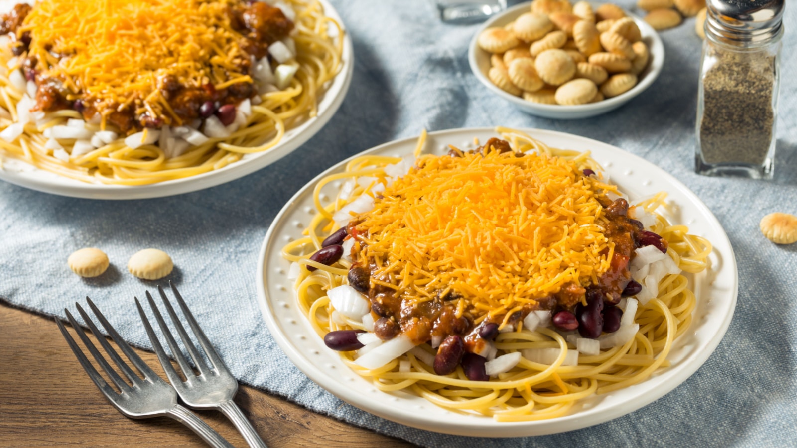 Homemade Cincinnati Chili Spaghetti with Cheese and Onion