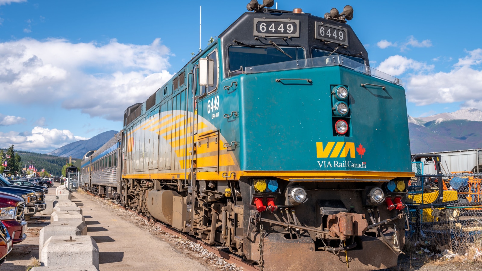 Jasper, Alberta - August 3, 2020: A VIA Rail train located at the train station in Jasper.