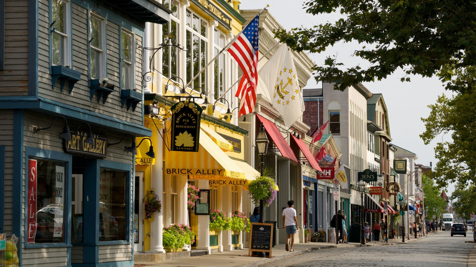 Newport, RI USA - December 19, 2020: The historic seaside city of Newport, Rhode Island features iconic architecture, whimsical signs and colorful displays of nature.