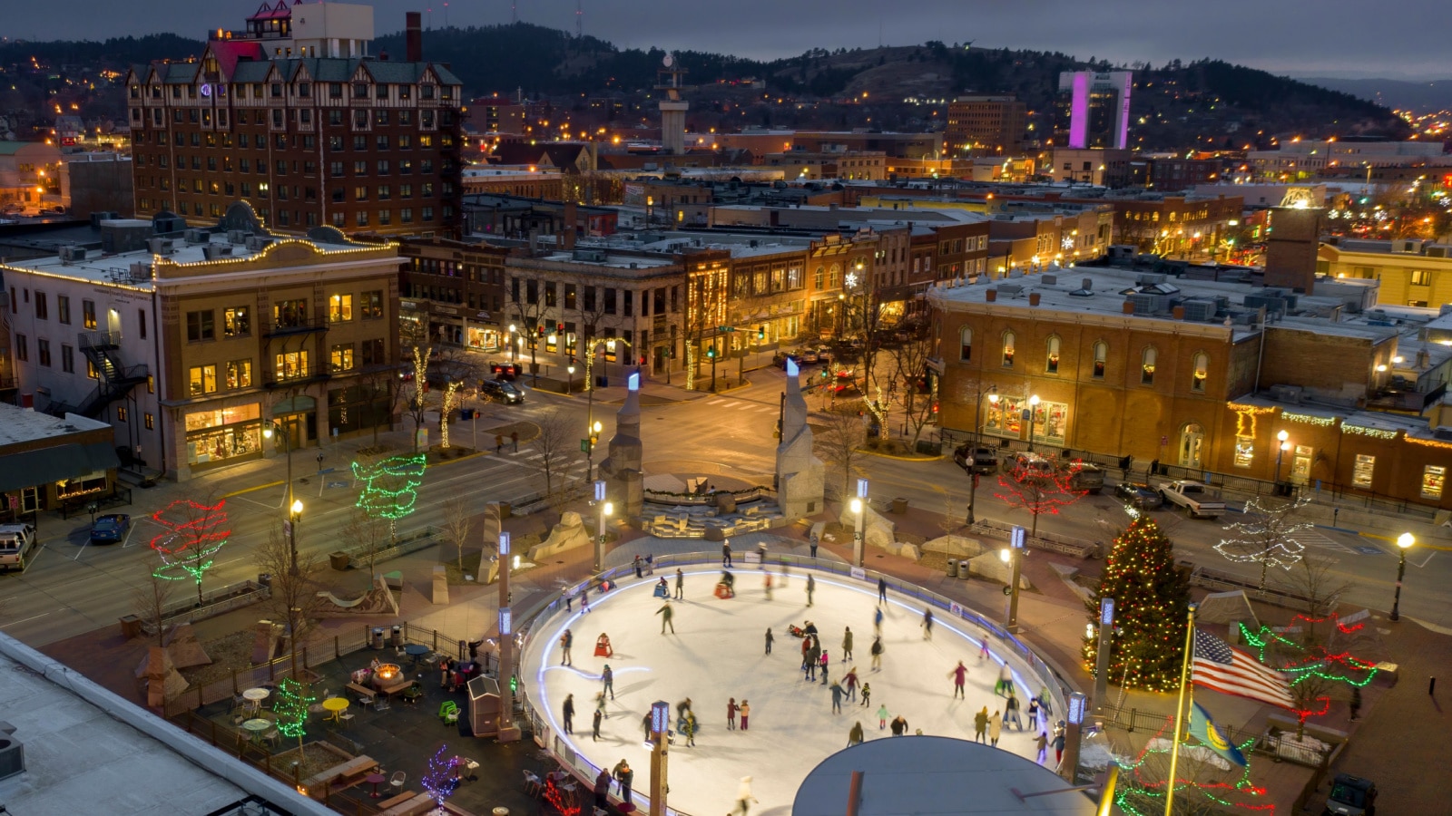 Aerial View of Christmas Lights in Rapid City, South Dakota at Dusk