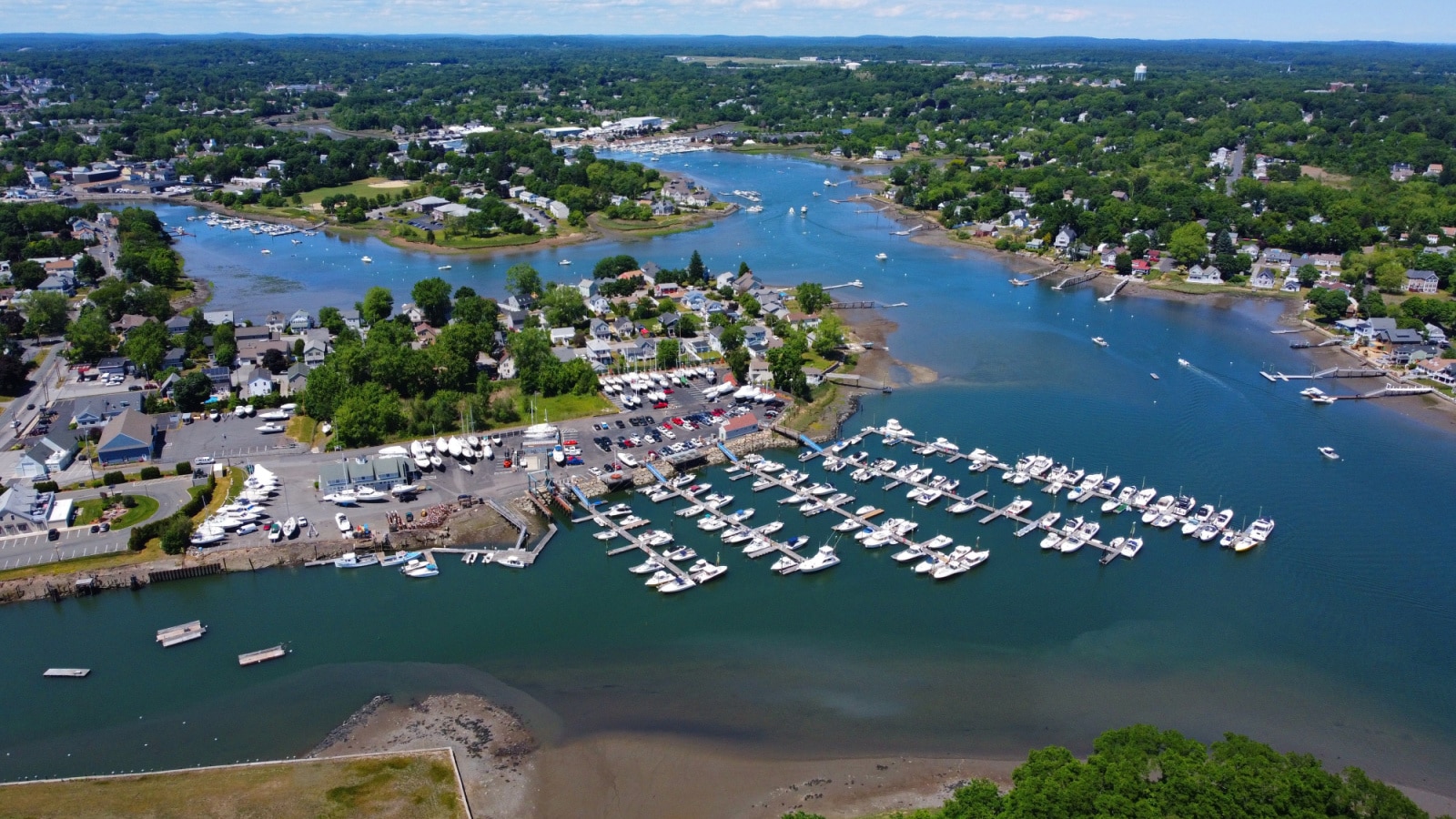 Danvers Liberty Marina aerial view at 130 Water Street at Crane River and Waters River in city of Danvers, Massachusetts MA, USA.