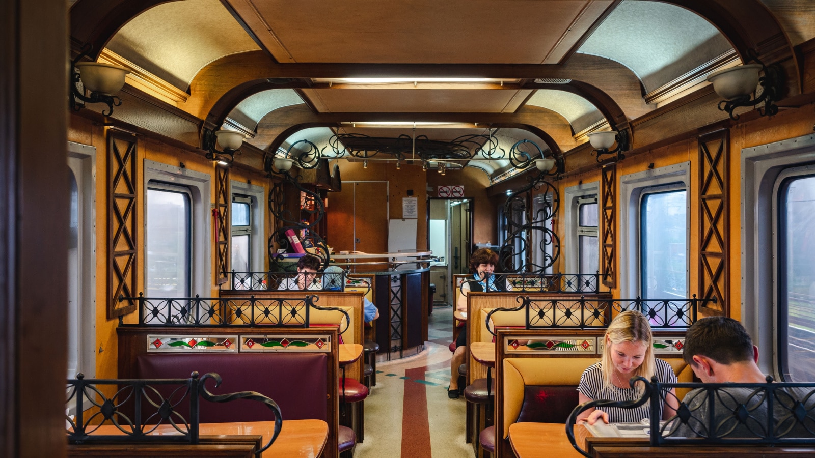 Moscow, Russia - July 21: Passengers in the restaurant car onboard the Trans Siberian Railway in Russia.