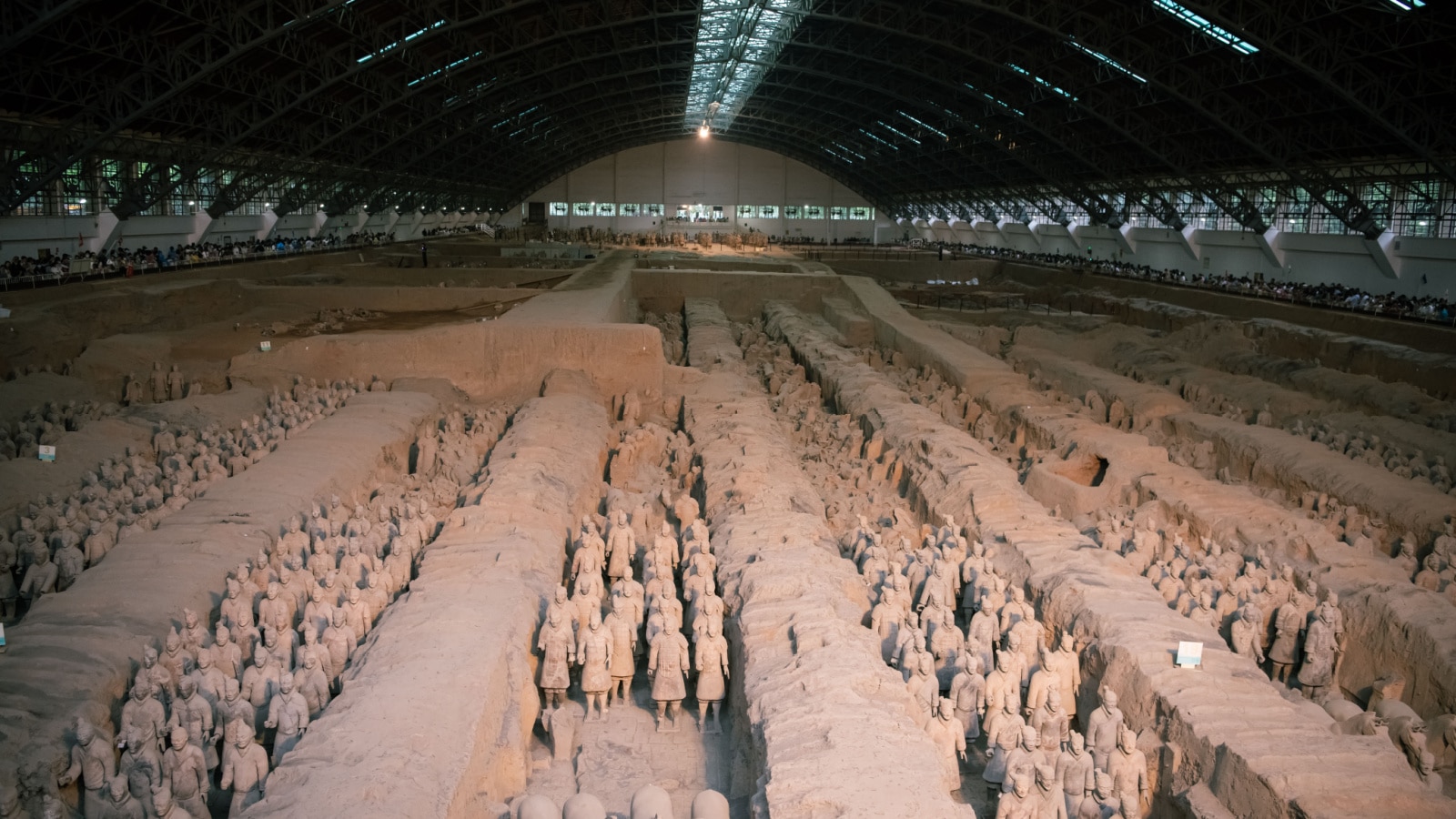 10.10.2021 Panorama of the main pit of Terracotta warriors, mausoleum of the First Qin Emperor, pitch one. UNESCO World Heritage site, background, wallpaper