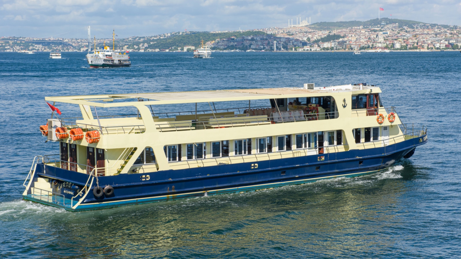 ISTANBUL, TURKEY - OCTOBER 5, 2021: Special ferry near Halic, a private ferry operator which owns and operates urban and international ferry service in western Turkey.
