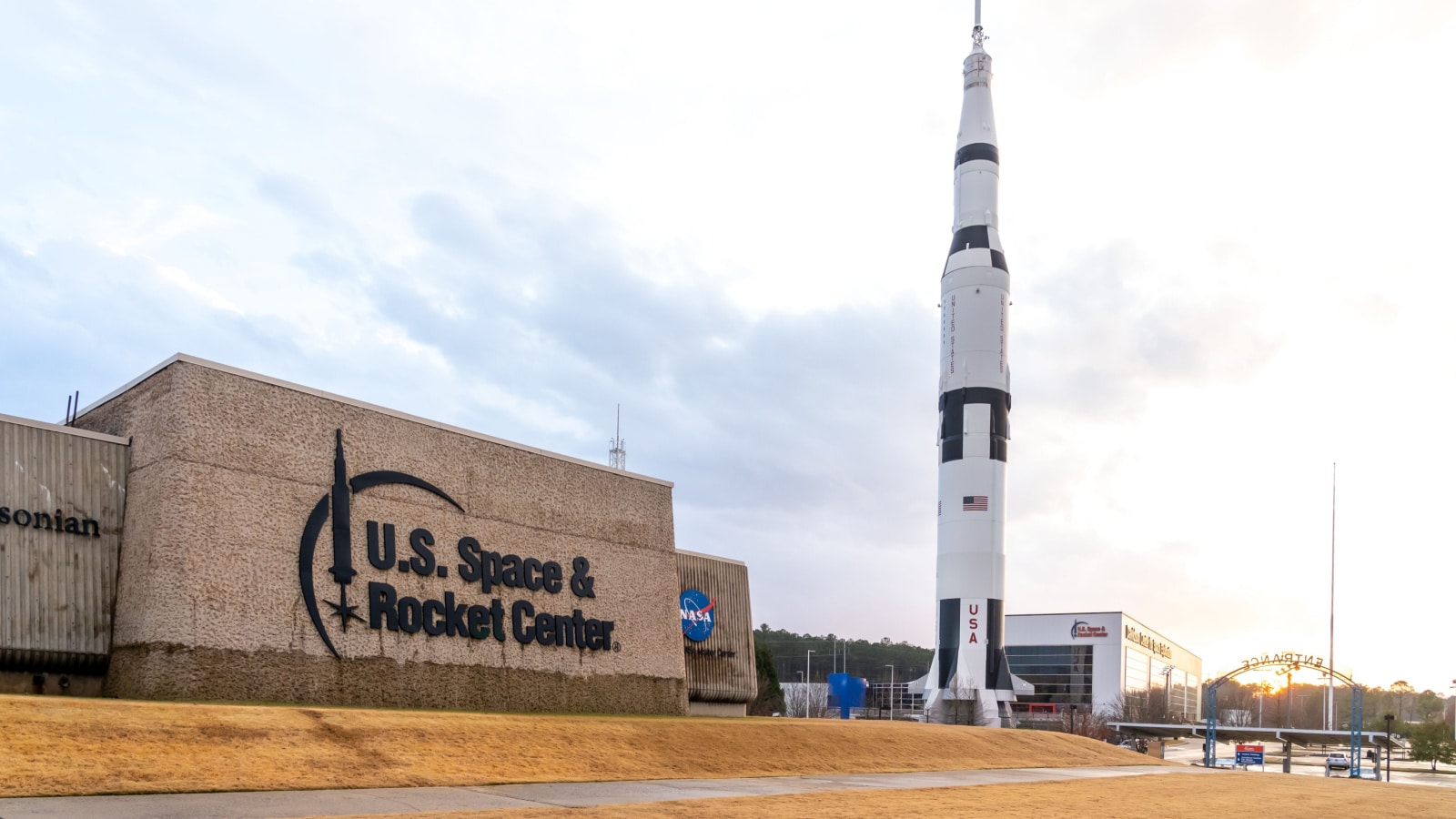 Huntsville, Alabama, USA - December 29, 2021: The exterior view of the U.S. Space and Rocket Center in Huntsville, Alabama, USA, a museum operated by the government of Alabama.