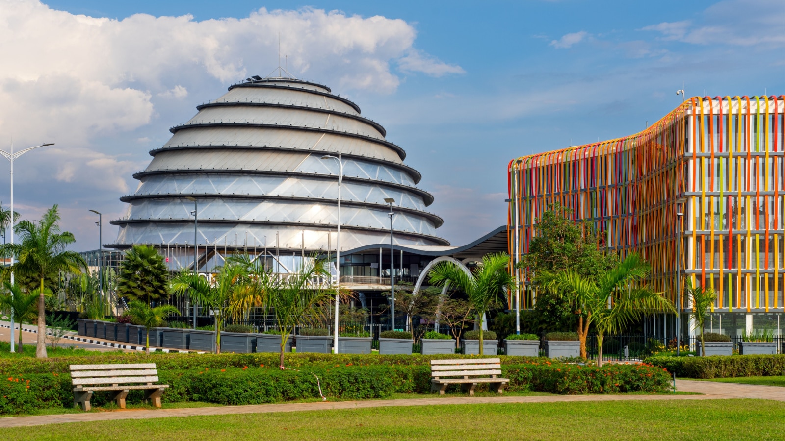 Kigali, Rwanda - August 19 2022: Kigali Convention Centre on a sunny day. The facility, designed after the inside of a king's palace, hosts a variety of events