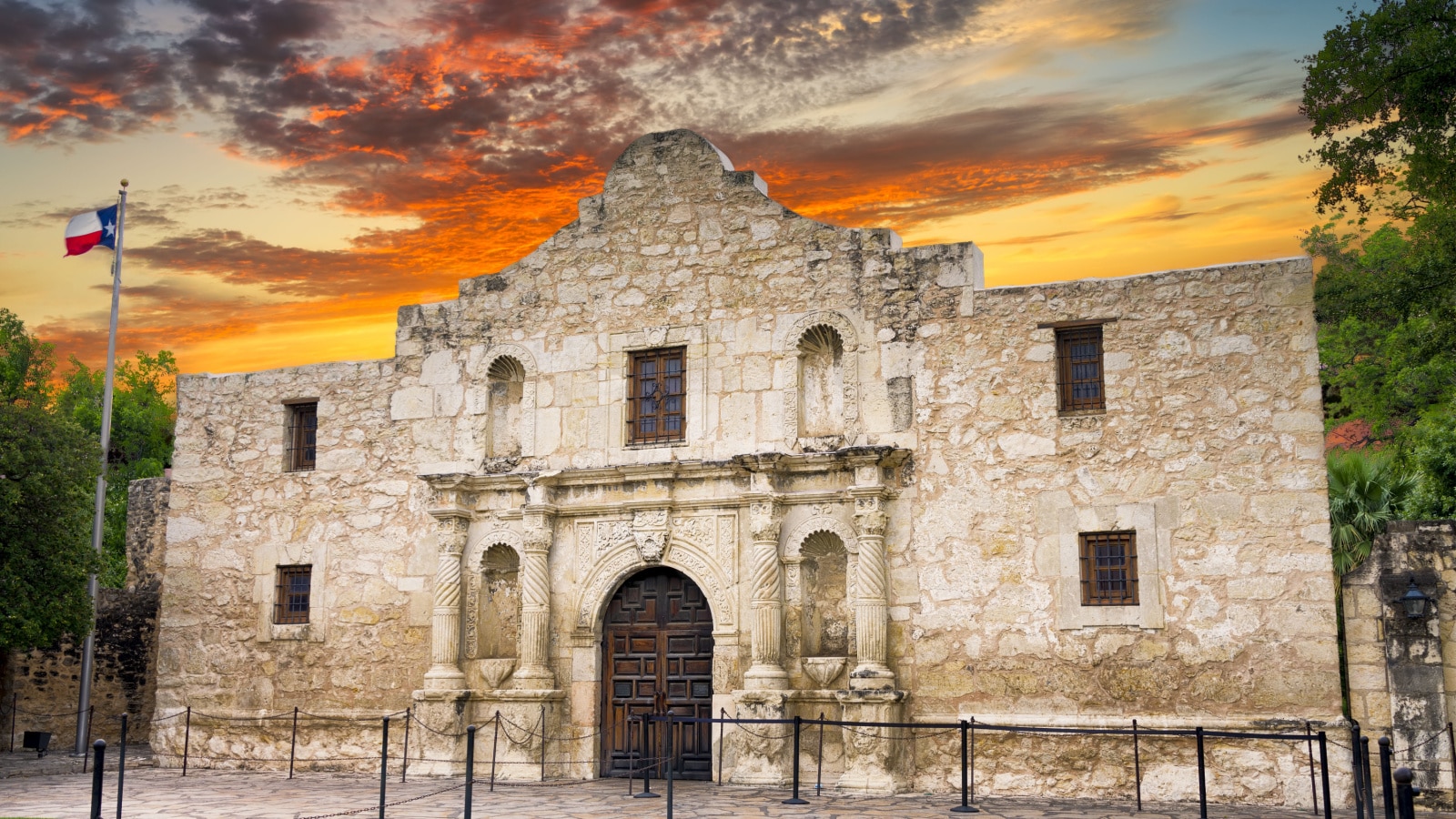 Exterior view of the historic Alamo shortly after sunrise