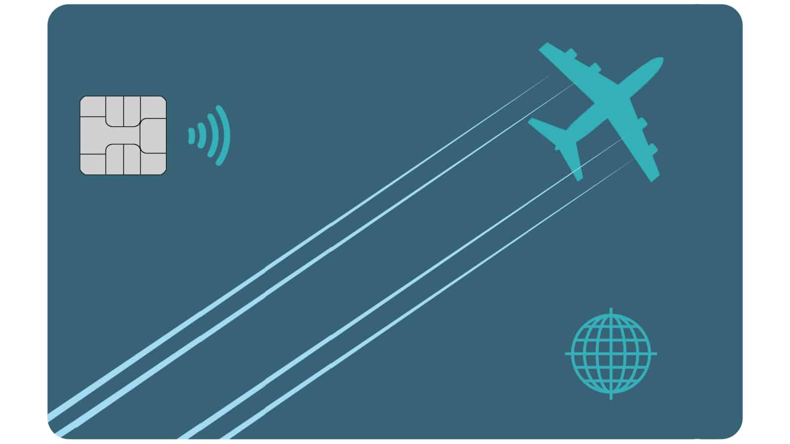 The image of an airliner leaves a contrail design across the face of an air miles reward credit card in this illustration about perks for air travelers. This is a 3-d illustration.