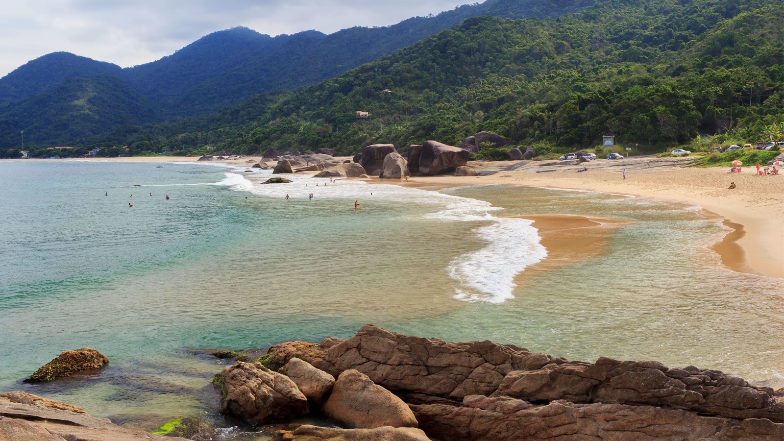 Beach Praia do Cepilho, blue sea, mountains, Trindade, Paraty bay, state Rio de Janeiro, Brazil. Selective focus