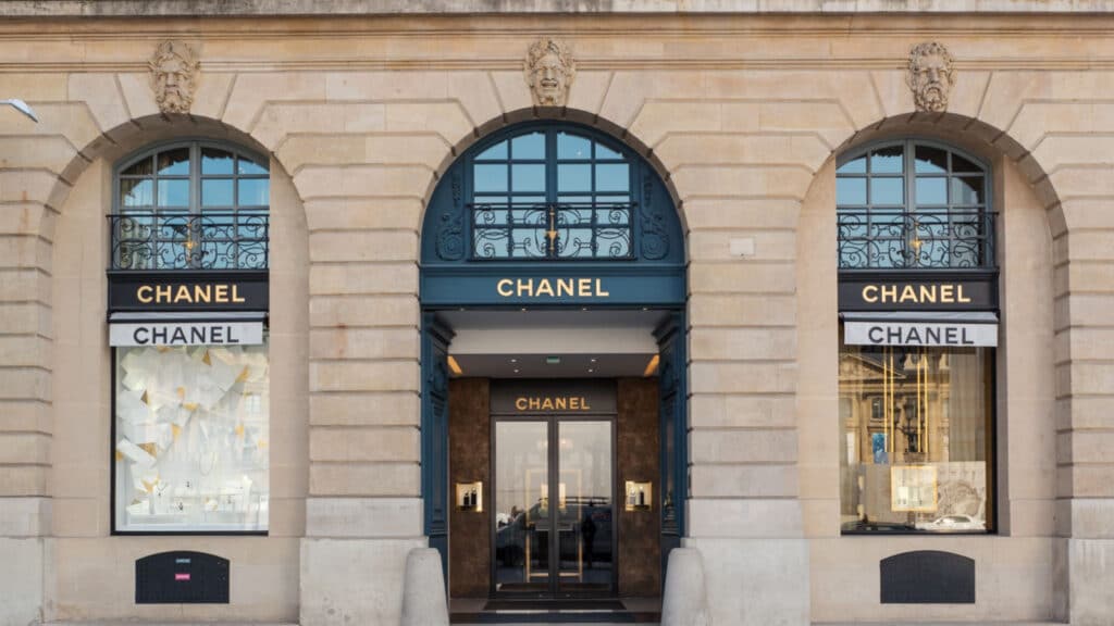 PARIS, FRANCE - APRIL 8, 2015: Chanel shop in place Vendome. Place Vendome is renowned for its fashionable and luxury shops and hotels such as the Ritz.