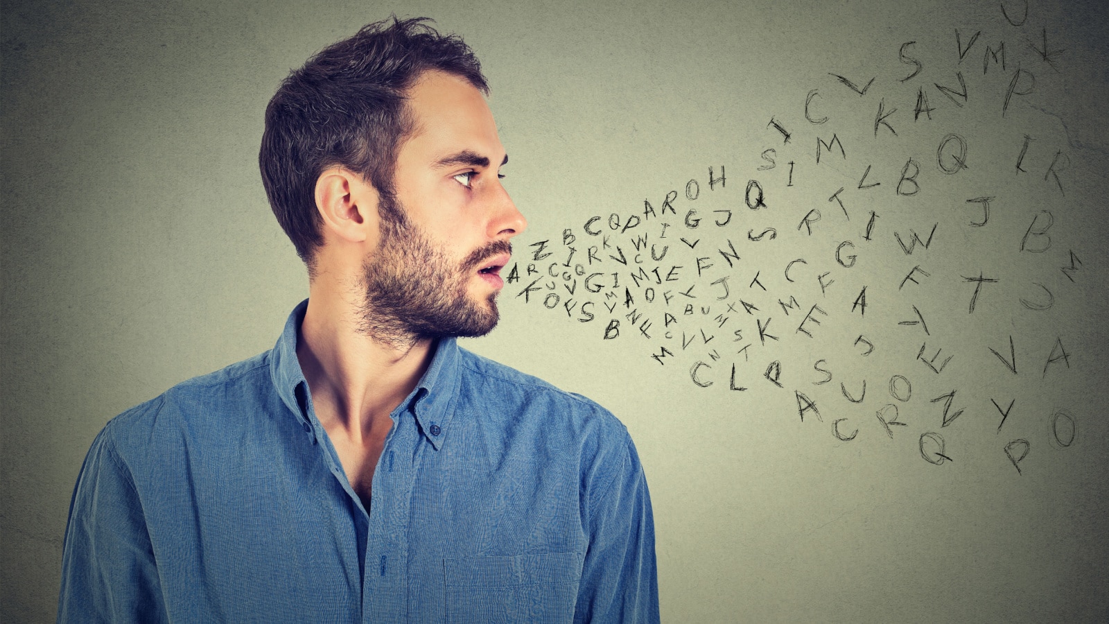 Man talking with alphabet letters coming out of his mouth. Communication, information, intelligence concept